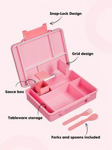Meoky Bento Box – Leak-Proof 5-Compartment Food Container With Fork, Spoon And Salad Box, Ideal For Children And Adults For School, Office, Travel And Picnic - Pink - View 4