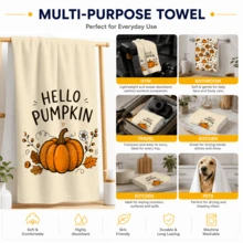 2pcs, Autumn Halloween Theme Towels, Single-Sided Print, Rectangular, Cartoon Pumpkin 2D Design, Soft And Comfortable, Durable, Odorless, Suitable For Bathroom, Kitchen, Beach And Pool - Multicolor - View 7
