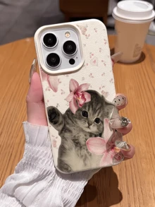 1件 白色花卉貓咪設計極簡個性化 TPU 防摔全包手機殼，適用於 Apple 18 17 16 15 14 13 12 11 Pro Max Air 及系列 - 彩色 - 查看 2