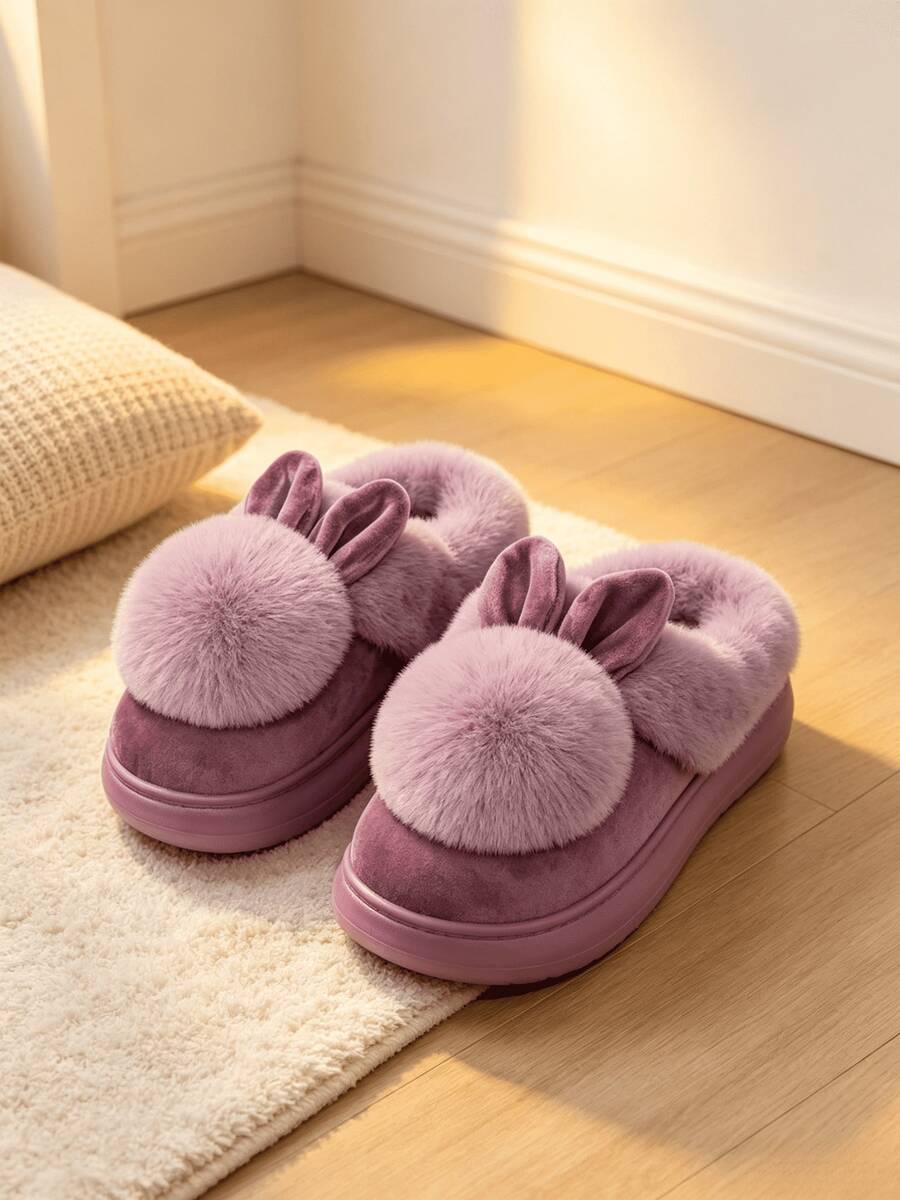 Women's Cute Rabbit Purple Flat Non-Slip Plush House Slippers, Comfortable Soft Warm Autumn/Winter Indoor Shoes