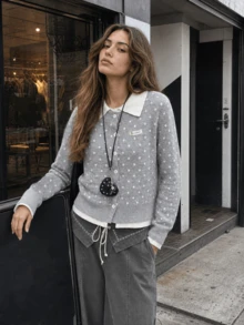 New Autumn/Winter Women's Polka Dot Pattern Lapel 2 In 1 Cardigan Sweater - Light Grey - View 3