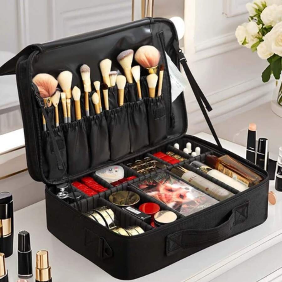 Large Capacity Makeup Bag With Adjustable Compartments, Portable Cosmetic Storage Travel Bag With Brush Slots, Waterproof Beauty Organizer Bag For Women - Multicolor - View 1