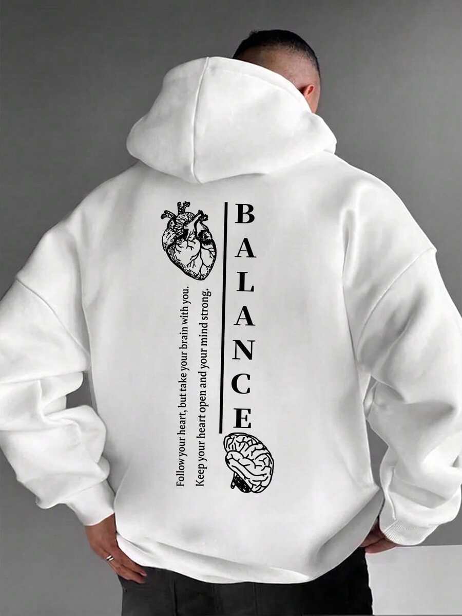 Sweatshirt Hoodie Pria Motif Otak & Hati Bahasa Inggris untuk Musim Gugur/Dingin - Putih - View 1