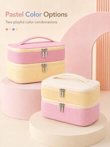 Fashion Colorblock Valentine's Day Corduroy Double Layer Makeup Bag, Portable And Lightweight, Suitable For Travel And Home, Gift Style - Multicolor - View 5
