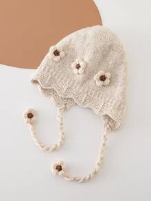 1pc Girls' Autumn/Winter 3D Floral Knitted Earflap Hat, Fashionable Warm Woolen Beanie With Tie - Multicolor - View 9