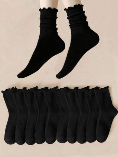 1/5/10 Pairs Women's Black Lace Trim Short Socks, Soft And Breathable, Suitable For Daily Wear, Vacation And Outdoor Activities