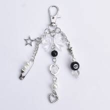 1Pc Sweet Y2K Style Bow Beaded Chain Keychain Cute Safety‑Pin Heart Star Charm Handmade Bag Pendant Daily Backpack Decor Accessory - Multicolor - View 4