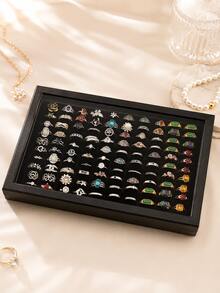 1pc 100 Slot Ring Jewelry Box With Lid, Earring Jewelry Tray, Ring Jewelry Storage Display Tray, Simple Velvet Ring Box, Jewelry Box, Earring Jewelry Storage Box, Dustproof Jewelry Display Box, Ladies Gift - Multicolor - View 3