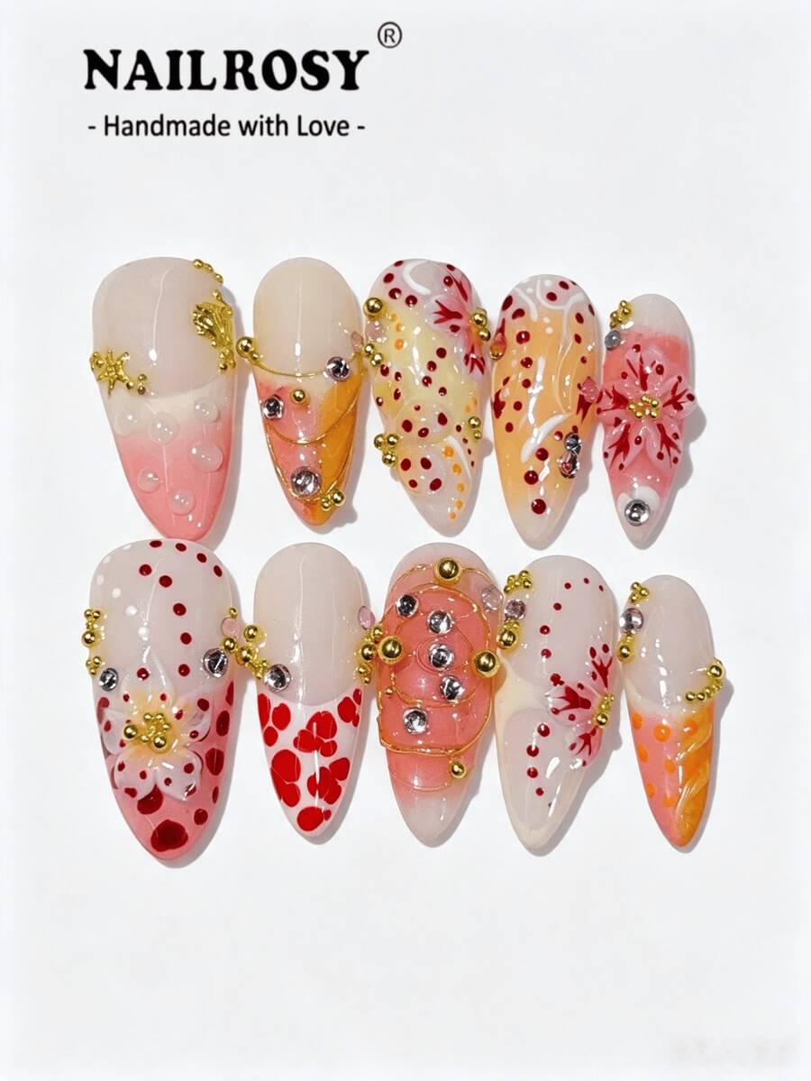 10pcs Handmade Press-On Nails, Black Gradient Medium-Long Stiletto Shape, 3D Floral Design, Daily Wear Women's Fake Nails, Adhesive Vacation Manicure, Nailrosy
