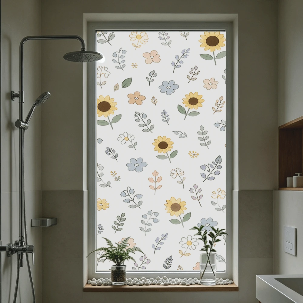 1pc Fresh Sunflower Floral Frosted Privacy Window Film, Reusable PVC Static Cling Window Film, Suitable For Classroom, Dorm, Bedroom, Living Room And Bathroom Decoration - Frosted Blackout Film - View 1