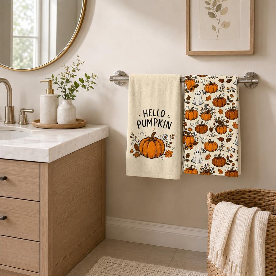 2pcs, Autumn Halloween Theme Towels, Single-Sided Print, Rectangular, Cartoon Pumpkin 2D Design, Soft And Comfortable, Durable, Odorless, Suitable For Bathroom, Kitchen, Beach And Pool - Multicolor - View 1