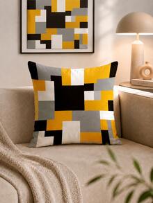 1pc Modern Abstract Patchwork Color Block Geometric Print Pillow Case [Without Pillow Insert], 40*40cm/45*45cm/50*50cm, [Single-Sided Print] Made Of Polyester Material Yellow Gray Black Mosaic Color Block Retro Plaid Sofa Atmosphere Cushion Cover Room Decor, Home Decor, Bedroom Decor, Room Decoration Stuff For Sofa, Living Room, Bedroom, Car, Office, Hotel, Homestay Decoration Pillow Covers Perfect Gift For Family And Friends - Multicolor - View 4