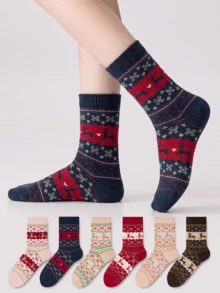 ZUJO 5 Pairs Women's Mid-Calf Socks, Fair Isle And Christmas Pattern, Daily Wear, Simple And Comfortable, Couple Matching Socks, Random Color - Multicolor - View 2