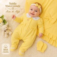 Luxury 5-Piece Yellow Baby Girl's Going-Home Outfit - Embroidered Jumpsuit With Bows, Blanket, Gloves, And Headband - Soft Knit Newborn Layette Kit - 黃色 - 查看 1