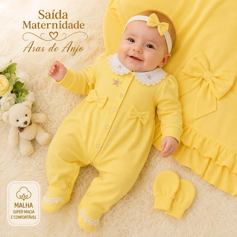 Luxury 5-Piece Yellow Baby Girl's Going-Home Outfit - Embroidered Jumpsuit With Bows, Blanket, Gloves, And Headband - Soft Knit Newborn Layette Kit - 黃色 - 查看 1