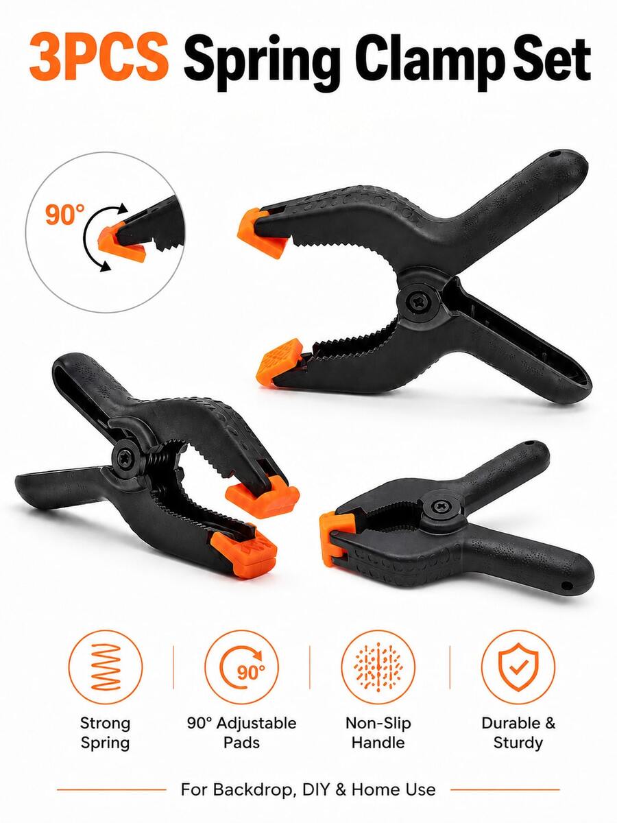3pcs 4 Inch Spring Clamps With 90° Soft Jaw Pads, 50mm Opening Plastic Clips Compatible With Backdrop Stand, Background Cloth, Paper Roll, Reflector, Tablecloth, Fabric, Cardboard, Crafts & Home DIY - View 1