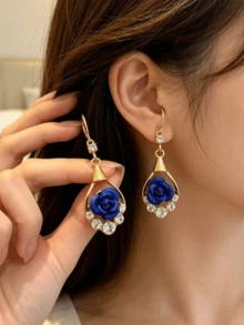 1 Pair Blue Rose Rhinestone Earrings, Fashionable Luxury Elegant Earrings, Versatile Delicate Niche Earrings - Blue - View 5