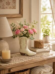 1pc Resin Vintage Western Cowboy Boot Vase - Beige High-End Rustic Farmhouse Style Decor Flower Arrangement Container Home Decor Desktop Resin Crafts - 1PC - View 6