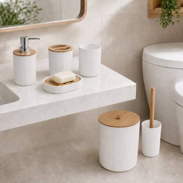 Japanese Natural Wood Style White Vertical Stripe Bamboo Lid 6-Piece Set, Pump Leak-Proof Dispenser Bottles, Draining Soap Dish, Leather Handle Trash Can, Toilet Brush, Fresh Nordic Style Bathroom Storage And Cleaning Accessories For Single Living, Couples, Dorms And Rental Apartments