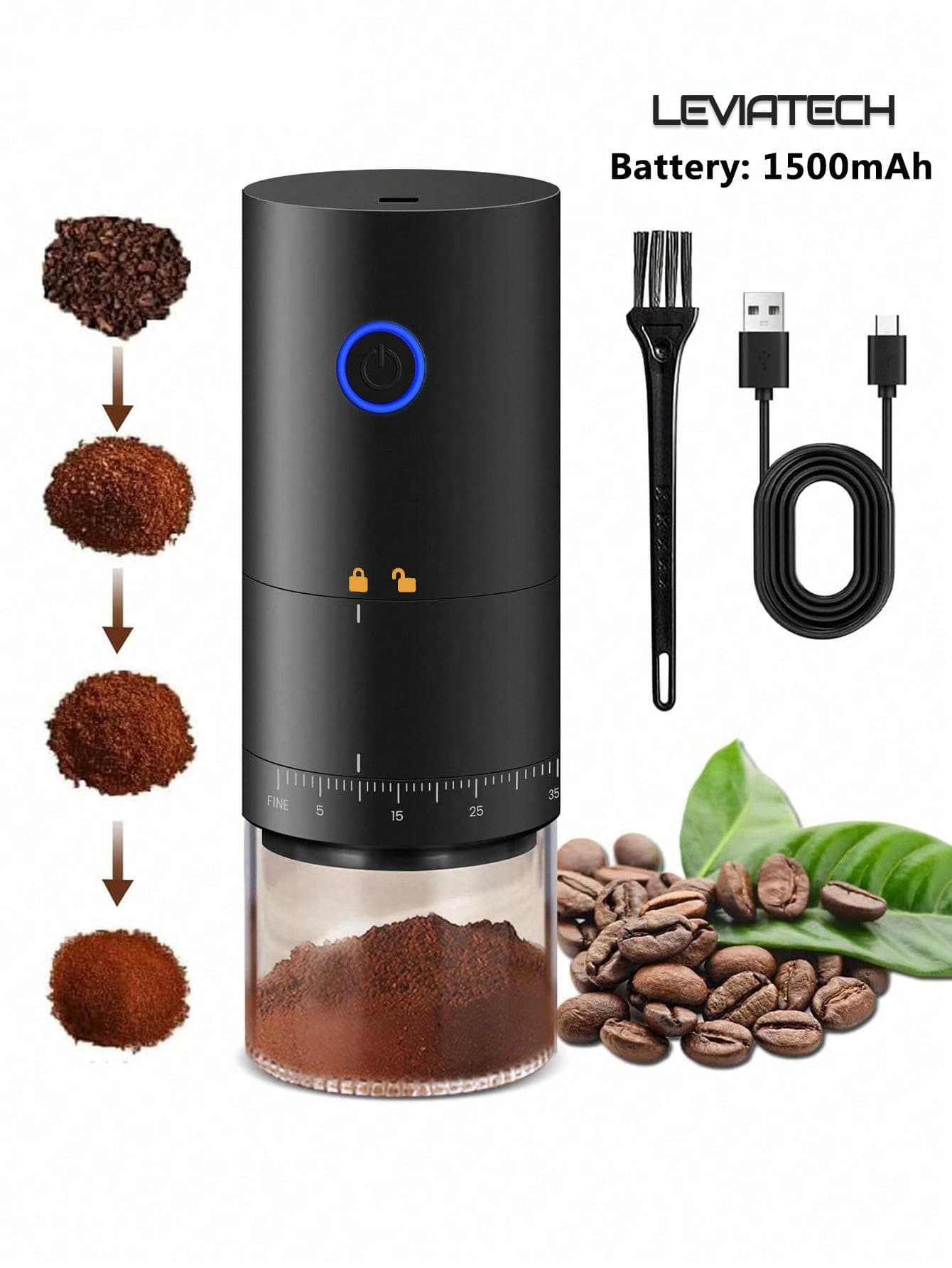 LEVIATECH 1pc USB Rechargeable Electric Coffee Grinder, Compact Portable Coffee Grinder With Professional Ceramic Grinding Core And Adjustable Grind Settings, Suitable For Home, Office, Travel, School And More