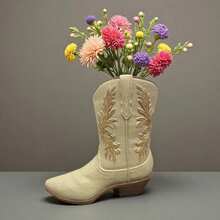 1pc Resin Vintage Western Cowboy Boot Vase - Beige High-End Rustic Farmhouse Style Decor Flower Arrangement Container Home Decor Desktop Resin Crafts - 1PC - View 3