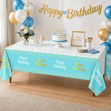 1pc Dual-Color Happy Birthday Letter Tablecloth, Waterproof & Oil-Proof, Suitable For Children's Birthday Party Table Decoration - Blue - View 2