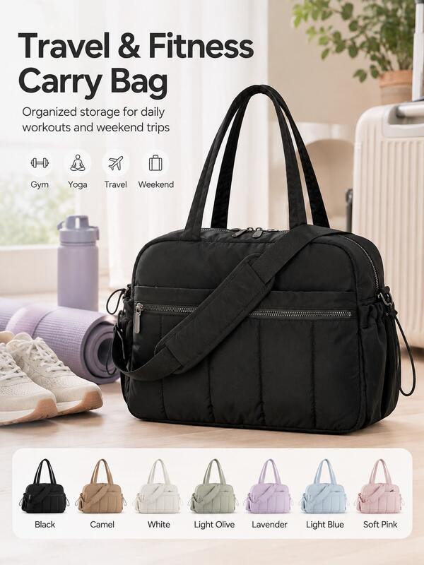 Mala de Viagem de Fim de Semana para Mulher de Grande Capacidade com Compartimentos, Mala Tote Leve de Mão, Com Espaço para Portátil, Cosméticos, Artigos de Higiene e Roupa, Mala de Ombro com Fecho de Correr, Adequada para Viagens de Uma Noite, Ginásio, Férias, Atividades ao Ar Livre, Essenciais para Viagens de Fim de Semana, Conjunto para Dormitório