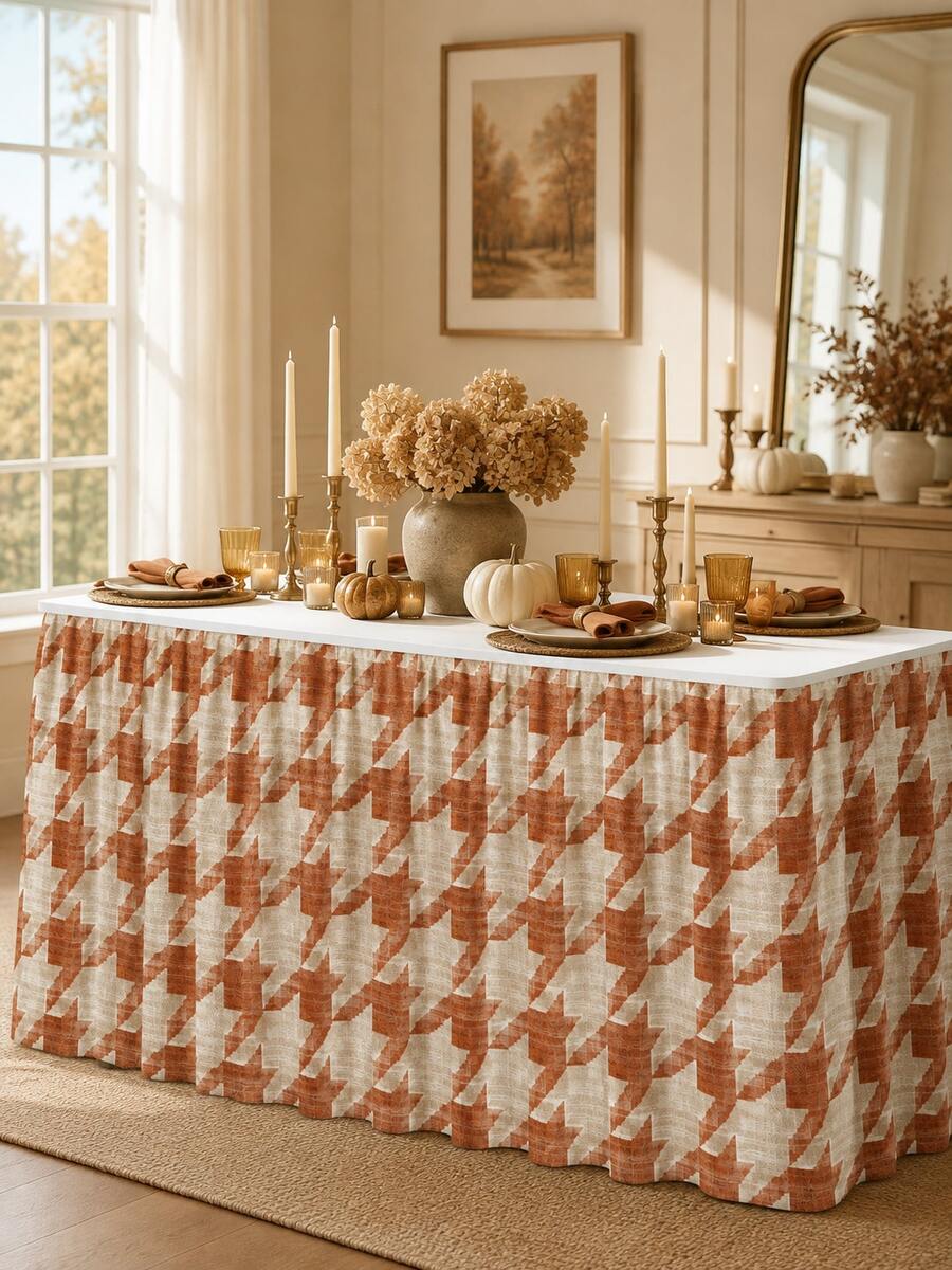 1pc-Rust Orange Stretch Table Skirt For Rectangle Table, Soft Elastic Table Cover Skirt With Hook And Loop Fastener, Reusable Washable Fitted Table Skirt For Fall Dining Decor, Party, Buffet, Wedding And Home Use - Multicolor - View 1