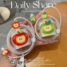 5pcs 3D Cartoon Green & Red Apple Data Cable Protector Set, Fresh Summer 3D Apple Digital Accessories Multi-Scenario Compatible, Compatible With Apple 18W/20W Fast Charging, Energetic Cartoon Healing Data Cable Protector Set Portable Digital Gadget, Can Be Given As Birthday, Christmas, New Year Holiday Gift To Family - 3D Red Apple - View 3