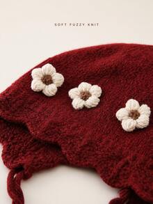 1pc Girls' Autumn/Winter 3D Floral Knitted Earflap Hat, Fashionable Warm Woolen Beanie With Tie - Multicolor - View 6