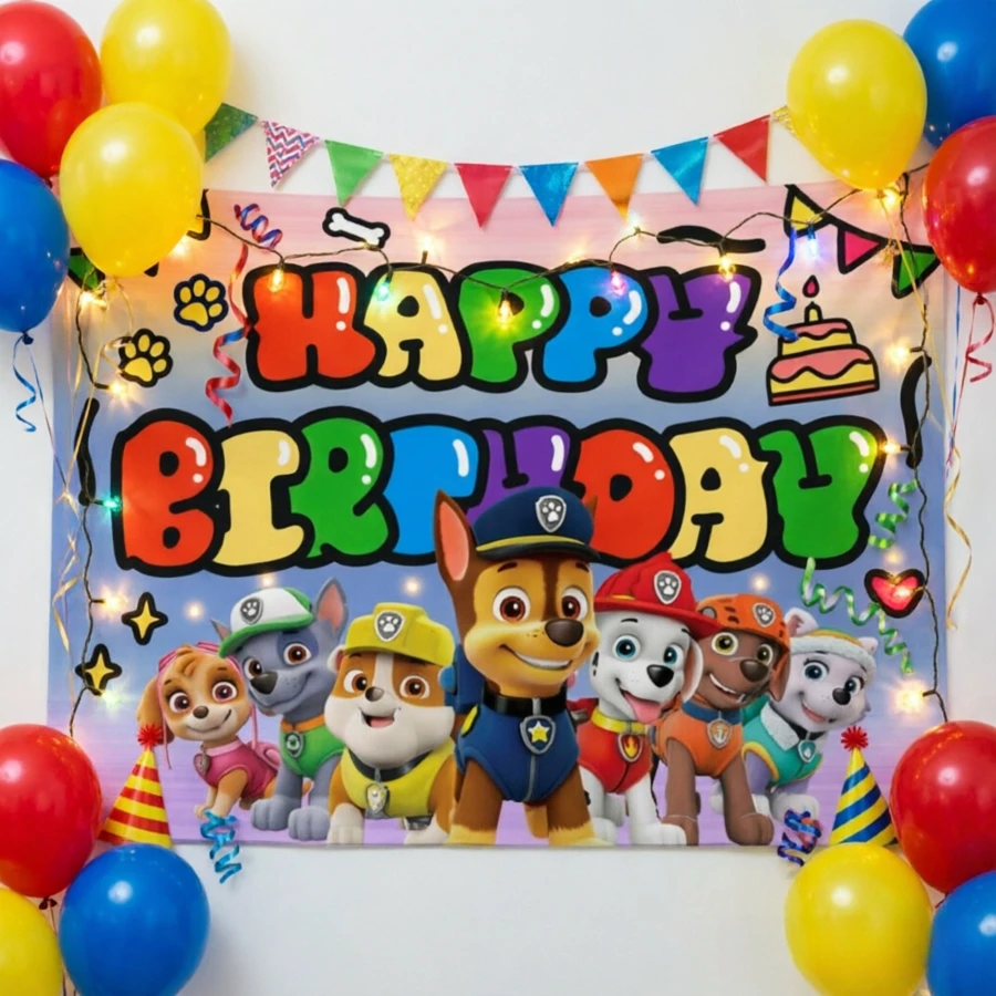 7 Styles Paw Patrol Happy Birthday Backdrop Banner, Cartoon Dog Themed Party Wall Hanging With Full Team & Single Pup Designs For Celebration - 100 X 70 cm - View 1