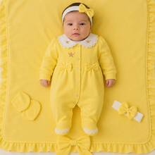 Luxury 5-Piece Yellow Baby Girl's Going-Home Outfit - Embroidered Jumpsuit With Bows, Blanket, Gloves, And Headband - Soft Knit Newborn Layette Kit - 黃色 - 查看 7