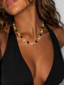 1pc Vintage Retro Gold Geometric Square Colored Stone & Pearl Necklace For Women, European & American Palace Style Choker Jewelry (Bead Color And Position Random, Subject To Actual Product) - Multicolor - View 1