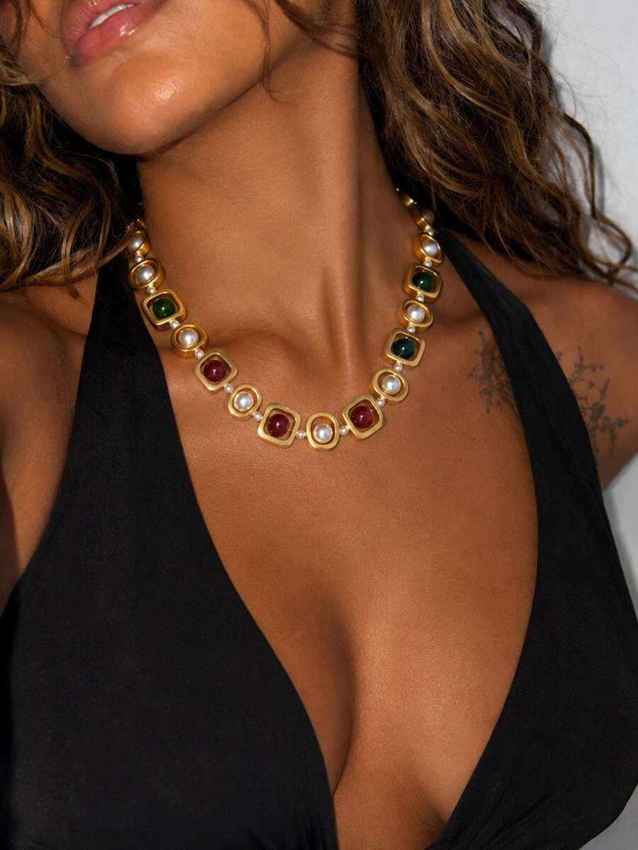 1pc Vintage Retro Gold Geometric Square Colored Stone & Pearl Necklace For Women, European & American Palace Style Choker Jewelry (Bead Color And Position Random, Subject To Actual Product) - Multicolor - View 1