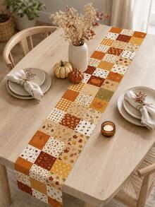 1pc-Fall Table Runner 72 Inch, Autumn Patchwork Table Runner With Pumpkin Leaf Plaid Design, Linen Texture Thanksgiving Table Decor, Rustic Farmhouse Dining Table Runner For Kitchen, Harvest Season Home Party Decoration - Multicolor - View 8