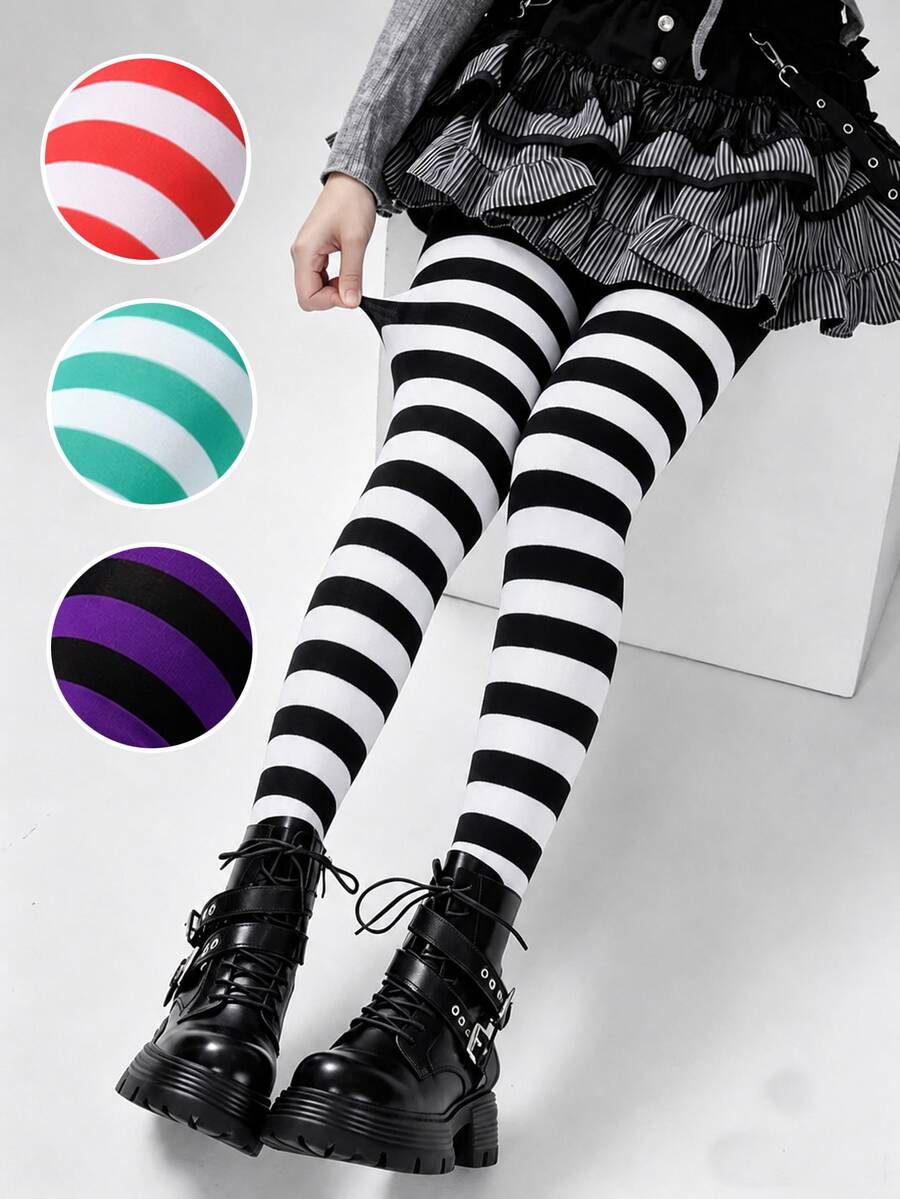 1/4 Pair Women's Striped Tights Set, Elastic Patterned Pantyhose, Suitable For Halloween, Christmas Party And Cosplay Costume - Multicolor - View 1
