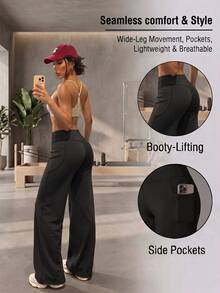 Women's High Waist Wide Leg Pants With Pockets - Comfortable Flowy Casual Pants Autumn - Black - View 1
