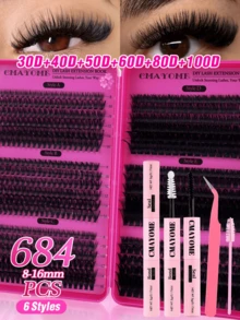 648/684/720片大容量簇狀假睫毛，濃密捲翹睫毛接種套組，D捲度，DIY睫毛接種套件，蓬鬆柔軟單根睫毛，打造豐盈自然妝容，居家DIY簡單方便，簇狀睫毛，適合夏季佩戴 - 彩色 - 查看 28
