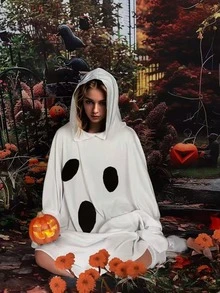 1 buah Jubah Berkerudung Motif Hantu dan Kerangka Hitam Putih Ukuran Ekstra Besar untuk Dewasa, Perlengkapan Kostum Halloween dan Aksesori Cosplay Musim Gugur - Hitam dan Putih - View 3