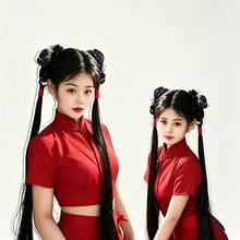 Women's Double Ponytail Chinese Ring Buckle Long Straight Hair New Chinese Style Ancient Costume Hanfu Cheongsam Wig Braids Hair Extensions Braids Women's Personalized Braided Ponytail Hair Accessories - Multicolor - View 10