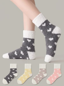 ZUJO 2 Pairs Women's Coral Fleece Mid-Calf Socks, Candy Color, Heart Pattern, Suitable For Autumn/Winter, Home Warm Floor Socks, Random Color - Multicolor - View 3