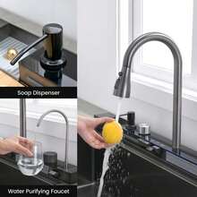 LY Fregadero de cocina Fregadero de cocina contemporáneo con caño en cascada Incluye grifo mezclador de triple función, grifo de agua filtrada, pantalla LED, dispensador de jabón, lavavajillas y controles tipo piano. Satisface todas las necesidades del hogar. (80 cm x 45 cm x 21 cm) - Gris arma - Ver 3