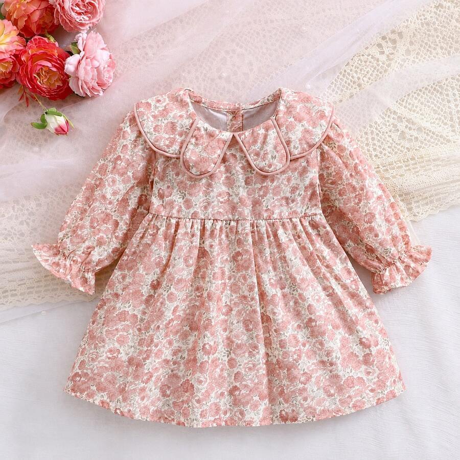 1pc Girls Petal Collar All-Over Floral Print Elegant Dress, Young Lady Style For Toddlers, Spring/Autumn Occasion Wear & Birthday Party - Pink - View 1