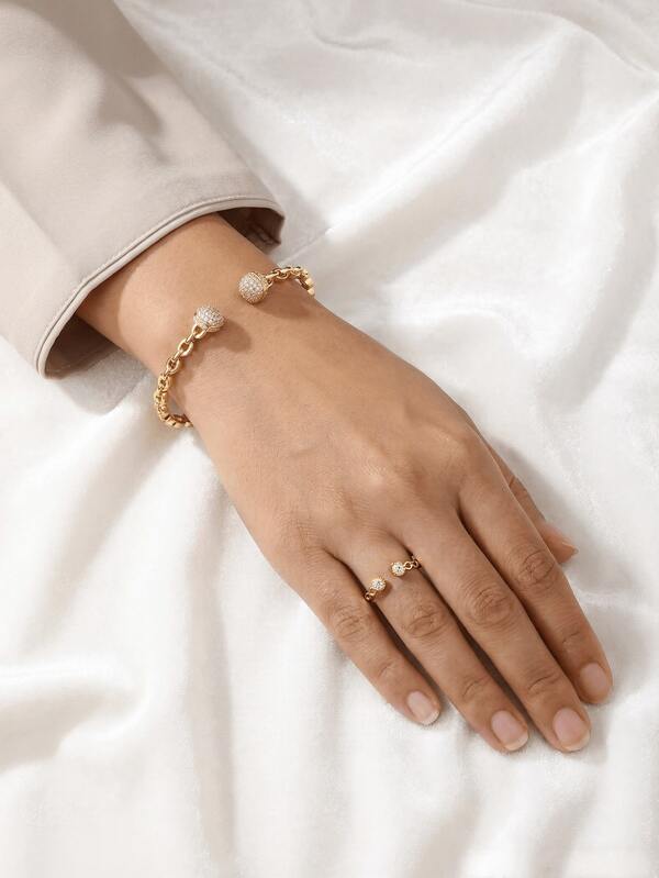 2pcs Light Luxury Zirconia Inlaid Ball Stretch Ring & Bracelet Set For Women, Versatile Summer Accessory For Daily, Parties, Dates & Weddings