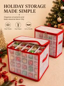 Christmas Ornament Storage Box, Foldable Transparent Bauble Container With Dividers, Dual Zipper Holiday Decoration Organizer With Carry Handle, Snowflake Print Cube Storage Case For Christmas Balls & Seasonal Decor - Multicolor - View 6