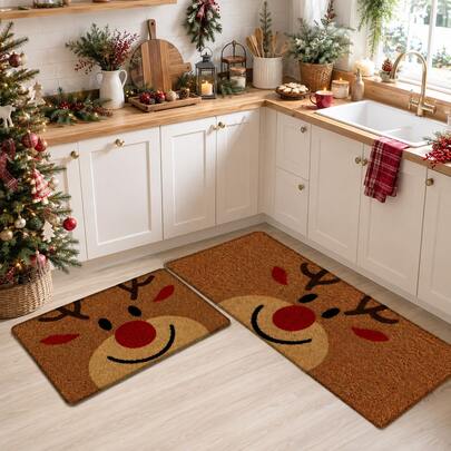 1pc Christmas Reindeer Pattern Printed Linen Kitchen Mat, Christmas, Can Be Used As Christmas Gift, Christmas Decoration, Rectangular Kitchen Rug, Door Mat, Bathroom Mat, Hallway Mat, Suitable For Living Room, Bedroom, Entryway, Laundry Room And Indoor Home Decor