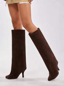Luxury Fashion Knee High Long Boots For Women Square Toe Kitten Heel Wide Calf Stiletto Heeled Boots Slouchy Formal Suede Winter Autumn Shoes - 巧克力棕 - 查看 8