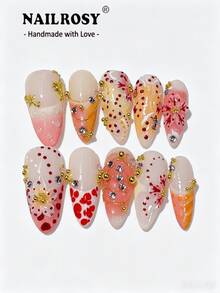 10pcs Handmade Press-On Nails, Black Gradient Medium-Long Stiletto Shape, 3D Floral Design, Daily Wear Women's Fake Nails, Adhesive Vacation Manicure, Nailrosy - Multicolor - View 11