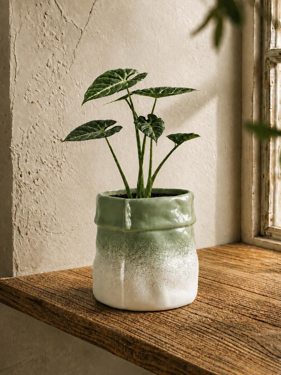 1件鼠尾草綠漸層紙袋造型花盆,亮面裝飾花盆,適用於室內植物、多肉植物、桌面、窗台、客廳與辦公室裝飾 - 綠色紙袋漸變 - 查看 1