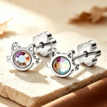 SHZYLN 1 Pair Cute Cat‑Shape Screw‑Back Piercing Stud Earrings, Delicate Ear Ornament, Fashion Accessory For Daily Wear, Dating And Holiday Present - Cat Stud Earrings - View 7